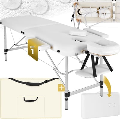 tectake® Aluminium Massagetafel - 2 Zones, 4cm Matras - 205 x 82 cm - Opvouwbaar en In Hoogte Verstelbaar - Inclusief Hoofdsteun, Armleuning en Draagtas - Draagbare Behandelbank voor Therapie en Massage - Wit