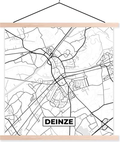 Posterhanger incl. Poster 40x40 cm - Schoolplaat - België – Deinze – Stadskaart – Kaart – Zwart Wit – Plattegrond - Textielposter - Blanke latten - Stadskaart