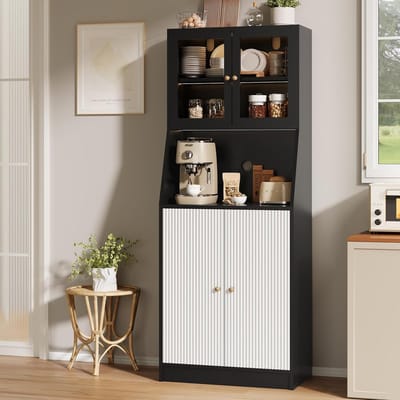 180cm Kitchen Cabinet with LED Lighting, Buffet Cabinet with Worktop, Pantry Kitchen with 4 Doors, Tall Cabinet Kitchen for Living Room Dining Bar, Black