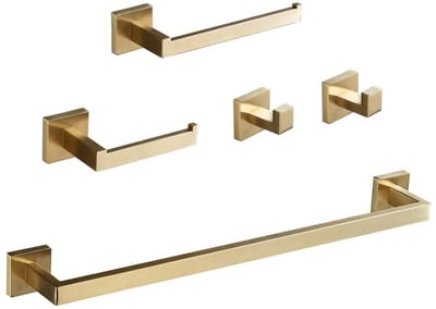Dailygoods- Badkameraccessoire Set 5 Stuks - Wandmontage - Handdoekring - Toiletpapier Houder - Handdoek Bar - Gouden Geborsteld 304 RVS - Badkamer Set