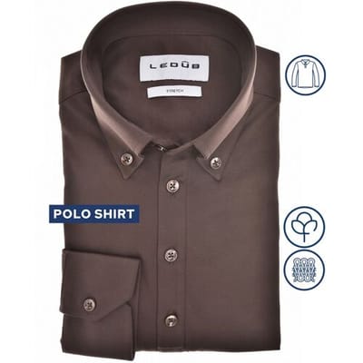 Ledub modern fit polo overhemd - tricot - jersey - donkerbruin - Strijkvriendelijk - Boordmaat: 38