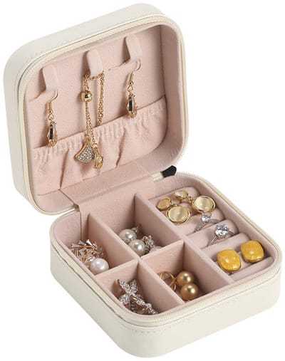 Sieradendoos voor dames - 10*10*5 cm - draagbare mini sieradendoos - reisdoos - met rits - PU-materiaal - damescadeau - geschikt voor het opbergen van kettingen, ringen, oorbellen sieradendoos - Wit