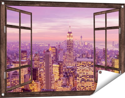 Gards Tuinposter Doorkijk New York Skyline met Lichten bij Zonsondergang - 90x60 cm - Tuindoek - Tuindecoratie - Wanddecoratie buiten - Tuinschilderij
