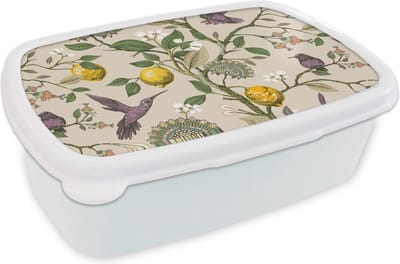 Broodtrommel Wit - Lunchbox - Brooddoos - Patroon - Vogel - Planten - Fruit - 18x12x6 cm - Volwassenen
