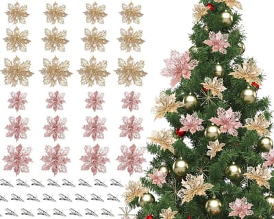 Set van 24 Glanzende Kerstbloemen, Kunstmatige Sterrenbloemen voor Kerstdecoratie, Perfect voor Kerstboom en Feestelijke Versiering