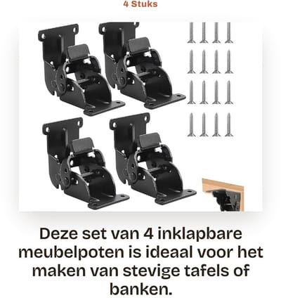 Dailygoods- Meubelpoten 90 Graden Inklapbaar - Tafelpoten - Meubelverhoger - Meubelpoten Set van 4 - Zware Meubels tot 226 kg - Roestbestendig Staal - Vouwpoten