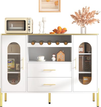 Dressoir - 120x38x90 cm - Met Glazen Deuren En Wijnrek - 2 Lades - Verstelbare Poten - MDF - Wit