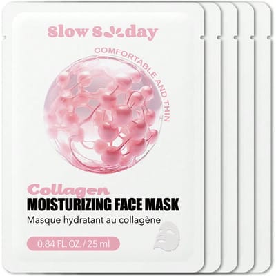 SlowSunday Collageen Hydraterend Gezichtsmasker 5 Pack, Hydrateert en Voedt, Hydrateert en Kalmeert de Huid Diep, K Beauty, Koreaanse Huidverzorging, Y2K, Ideaal voor Feestjes, Geschikt voor Zomer & Herfst, Terug naar School