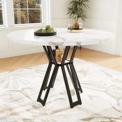 PHOEBE CAT Ronde Eettafel - Geschikt voor 4-6 personen - Goudkleurige poten - MDF - Marmerlook - Wit + Zwart