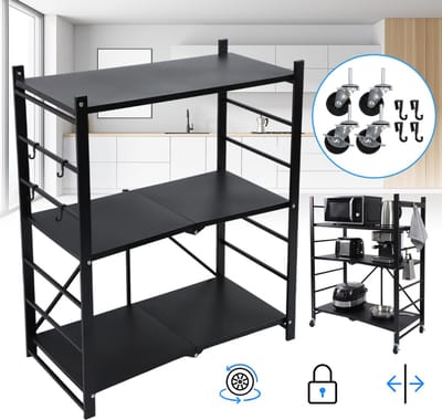 Opvouwbaar Opbergrek Met 3 Niveaus Op Wielen - 4 Zwenkwielen (Waarvan 2 Vergrendelbaar) - Snelle Montage in 2 Stappen Compact Op Te Vouwen - Robuust Metaal - Voor Thuis Garage En Kantoor