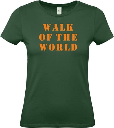 Dames T-shirt Walk of the world |Wandelvierdaagse | vierdaagse Nijmegen | Roze woensdag | Groen | maat XS