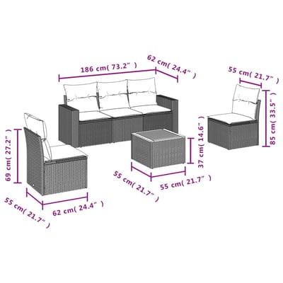 vidaXL - 6-delige - Loungeset - met - kussens - poly - rattan - beige