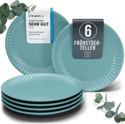 Pure Living Hygge Ontbijtborden - Groen - 6 Stuks (Ø 20 cm) - Krasbestendig - Ribbelstructuur
