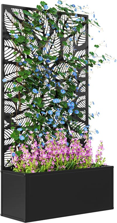 Plantenbak met klimrek - Weerbestendig - Bloembak - Met trellis - Buiten - Hout - Plantenrek - Rechthoekig - Zwart