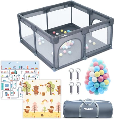 Teddle Grondbox – Inclusief Dubbelzijdige Speelmat – Baby Speelbox met 50x Speelballen - Kinderbox - Playpen - 120x120cm - Grijs