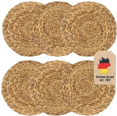 Intirilife 6x Placemat van zeegras - waterhyacint - 30 cm rond - afneembare onderzetters in naturel, hittebestendig, antislip, gevlochten placemats