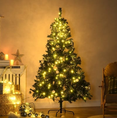 MEUNIQ kunstkerstboom 180 cm met 200 warmwitte LED's, ca. 745 takpunten, ballen en metalen standaard voor binnen, groen kerstboomdecoratie