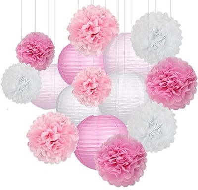 Feestpakket met 15 Papieren Lantaarns en Pompon Ballen - Roze/Wit Decoratie voor Bruiloft, Verjaardag en Babyborrel