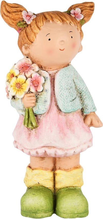 Dekoratief | Meisje staand m/bloemen, roze/groen/geel, magnesium, 16x13x36cm | A250769