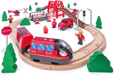 Woody treinset brandweer - houten speelgoed treinset 60-delig.