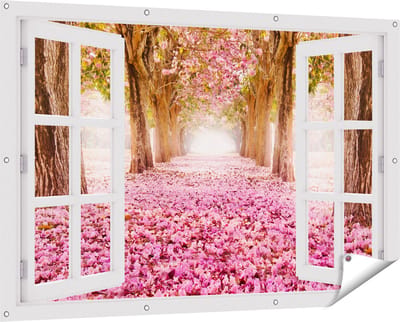Gards Tuinposter Doorkijk Romantische Bomen Tunnel met Roze Anjers - 150x100 cm - Tuindoek - Tuindecoratie - Wanddecoratie buiten - Tuinschilderij