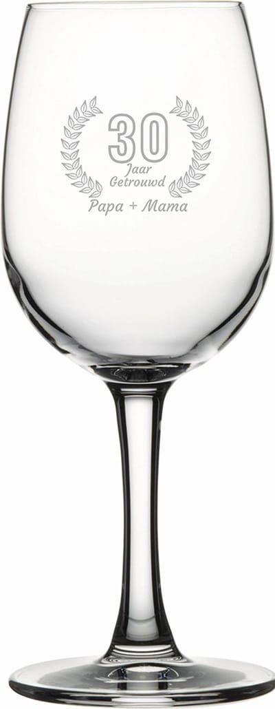 Gegraveerde witte wijnglas 26cl Papa + mama 30 jaar getrouwd