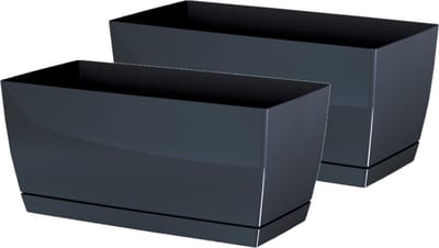 Prosperplast Plantenpot/bloempot met opvangschaal - 2x - kunststof - antraciet 24 x 12 x 11 cm - binnen/buiten