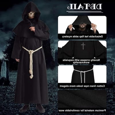 Halloween Monnik Kostuum voor Mannen - Middeleeuws Renaissance Outfit met Kap, Kruis Hanger en Riem