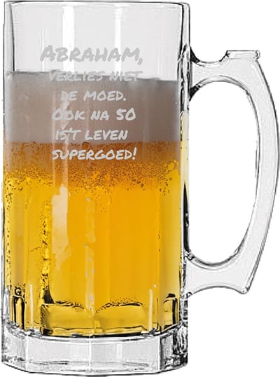 Gegraveerde bierpul 1ltr Abraham verlies niet de moed. Ook na 50 is't leven supergoed