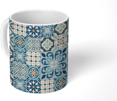 Mok - Koffiemok - Bloemen - Blauw - Design - Tegel - Mokken - 350 ML - Beker - Koffiemokken - Theemok