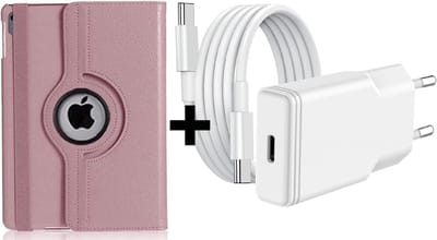 Hoes geschikt voor iPad 2025 hoes Rose Goud -iPad A16 hoes 11th Generation 11 Inch 2025 draaibare bookcase 360° Case met USB C Adapter - USB C oplader- Slim Snellader 20W Met USB C Kabel 1m - Ntech COMBI-SET