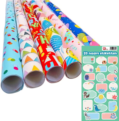 Happy Birthday Inpakpapier/cadeaupapier - 4x stuks rollen - feest/verjaardag prints - 200 x 70 cm - papier - cadeautjes inpakken - inclusief naam labels