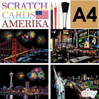 Ainy - Scratch Art Amerika New York (A4) | 4 krastekening incl. gereedschappen | Kras tekeningen | Schilderen op kleuren kunst | hobby & creatief voor volwassenen en kinderen (meisjes) | Knutselen - ontspanningspakket | DIY schilderijen set nummer 3