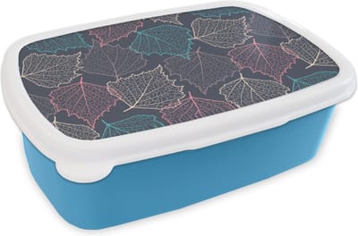 Broodtrommel Blauw - Lunchbox - Brooddoos - Herfst - Patronen - Bladeren - 18x12x6 cm - Kinderen - Jongen