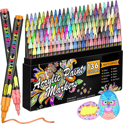 Acrylstiften & Acrylmarkers Set - DIY Acrylverf Kit - Kleuren op Nummer voor Volwassenen - Pen & Marker Penselen Kit - 136 Stuks