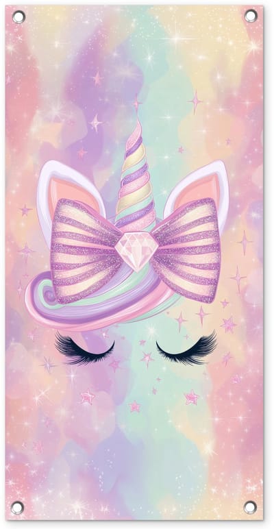 Tuinposter 40x80 cm - Tuindecoratie Eenhoorn - Glitters - Regenboog - Pastel - Poster voor in de tuin - Buiten decoratie - Schutting tuinschilderij - Tuindoek muurdecoratie - Wanddecoratie balkondoek