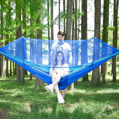 Kampeerhangmat met Klamboe - Dubbele Hangmat - Buiten Ontspannen - Inclusief Boomriemen - 290 x 140 cm - Blauw