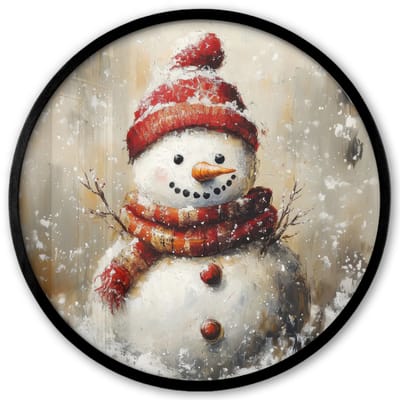 Poster in lijst Rond - Fotolijst 40x40 cm - Posters - Sneeuwpop - Winter - Sneeuw - Beige - Ronde posterlijst zwart - Decoratie - Wanddecoratie woonkamer - Muurdecoratie slaapkamer