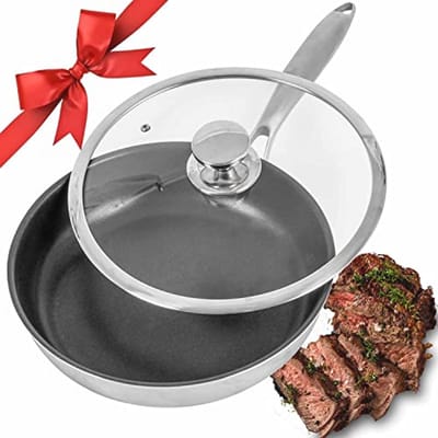 Anti-aanbak koekenpan met deksel - 10 inch roestvrijstalen niet-stick koekenpan voor inductie koken