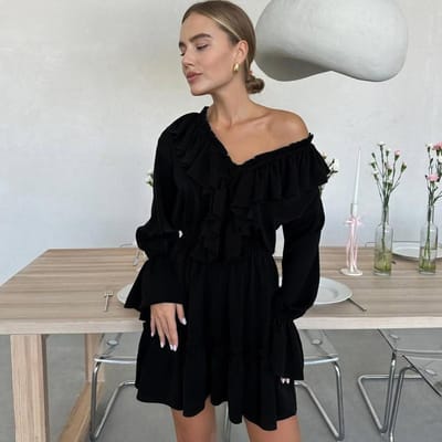 Robe chemise d'été bleu clair à manches longues pour femmes, robe blanche à volants et manches trompette bouffantes L noir
