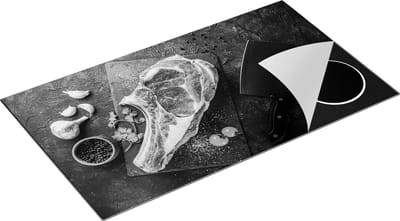 Chefcare Inductie Beschermer Vlees met een Mes op een Marmeren Plaat - Zwart Wit - 90x50 cm - Afdekplaat Inductie - Kookplaat Beschermer - Inductie Mat
