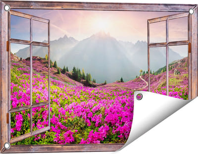 Gards Tuinposter Doorkijk Rhododendron Bloemenveld in de Alpen - 60x40 cm - Tuindoek - Tuindecoratie - Wanddecoratie buiten - Tuinschilderij