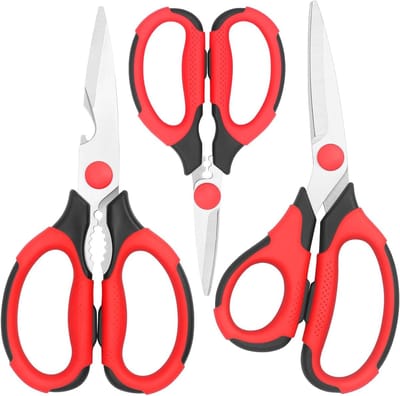 Multifunctionele Keukenschaar Set met scherpe RVS Bladen en zachte Handgrepen - 3-delige zware schaarset in Rood/Zwart voor koken en knippen