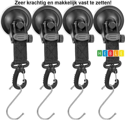 *** Zuignap haken 4 stuks zuignap haken Extra sterk tot 12,5 kg, auto zuignap haken set Camping met 4 S haken, zuignap haken Extra Sterk Camping voor auto kant luifel boot Camping dekzeil - van Heble® ***