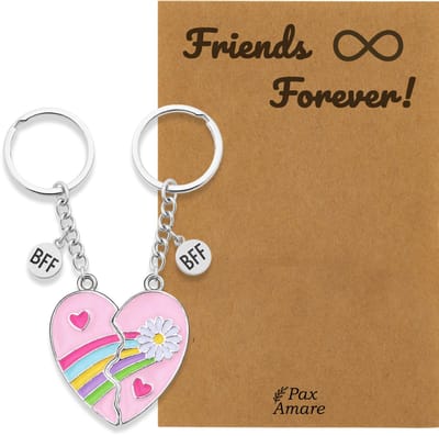 BFF Sleutelhanger voor 2 ' Friends Forever' - Roze Hartje met Bloem - Sleutelhanger set op Cadeau Kaartje - Zilverkleurig - Vriendschap Symbool - Pax Amare