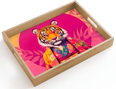 Dienblad hout 40x30 cm - Schootdienblad - Tijger - Kimono - Planten - Roze - Borrelplank rechthoek - Plateau dienbladen