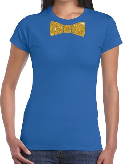 Blauw fun t-shirt met vlinderdas in glitter goud dames XS