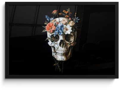 Poster in lijst - Fotolijst 60x40 cm - Posters - Bloemen - Schedel - Kleurrijk - Posterlijst zwart - Decoratie - Wanddecoratie woonkamer - Muurdecoratie slaapkamer