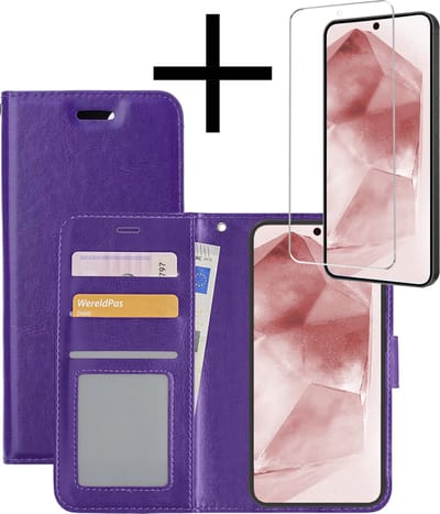 Hoesje - Met Screenprotector - Geschikt voor Samsung Galaxy A55 - Luxe Pasjeshouder - Bookcase Portemonee - Flip Case - Kunstleer Book Case - Flipcase - Book Cover - Walletcase - Portemonneehoes - Paars