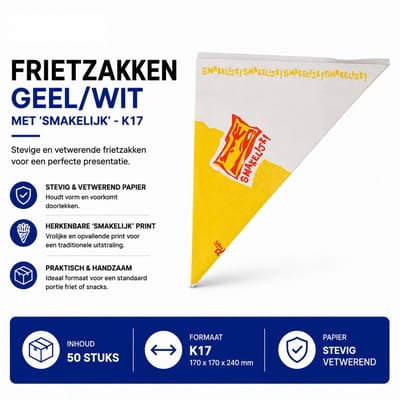 Frietzakken K17 - 50 Stuks - Geel/Wit 'Smakelijk' - Papieren Patatzakken - Vetwerend - Voor Snackbar, Horeca & Foodtruck | Propacker